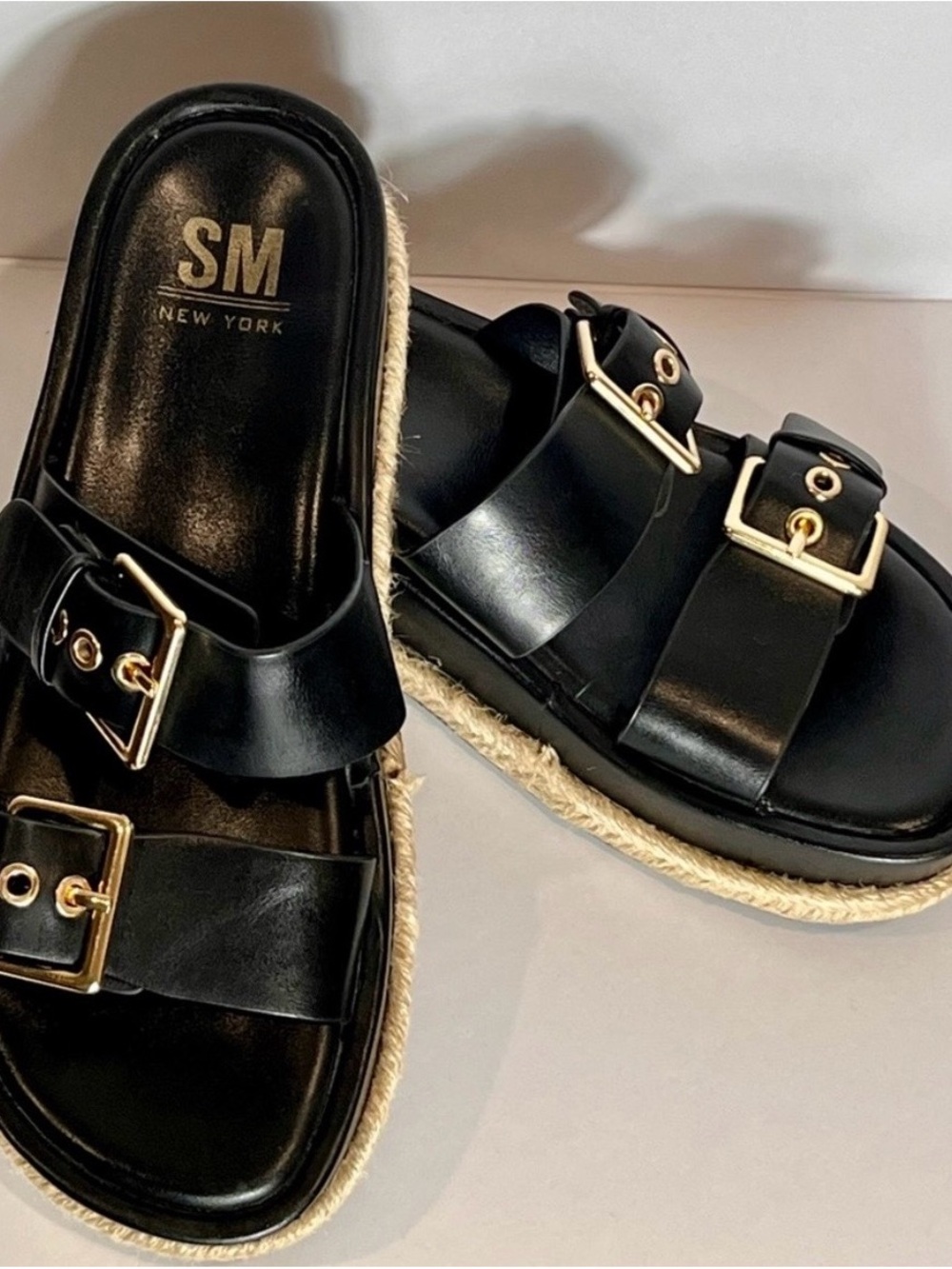 SM New York Hunter Black Double Strap Buckle Platform Slide Sandals Women 7